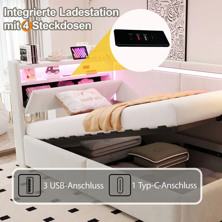 Polsterbett Schlafsofa 90x200 cm Mit LED-Beleuchtung und USB-Ladeanschlüssen. Kopfteil Lässt Sich Zum Verstauen öffnen. Hydraulisches Stauraumsystem unter Dem Bett, Samtstoff Beige – Bild 4