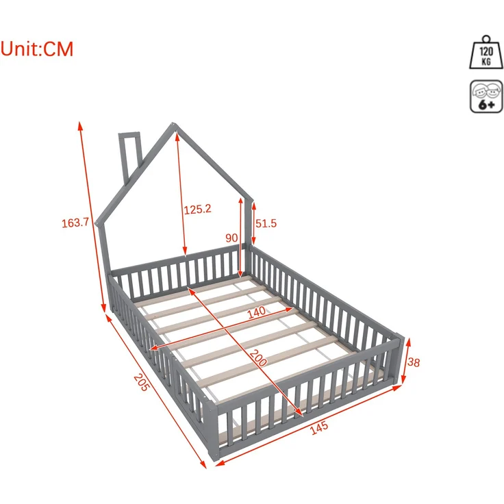 Kinderbett 140x200 cm mit Schornsteinform, Hausbett mit Sicherheitsgitter, Holzbett für Kinderzimmer, Jugendbett, Bettgestell,Grau – Bild 10