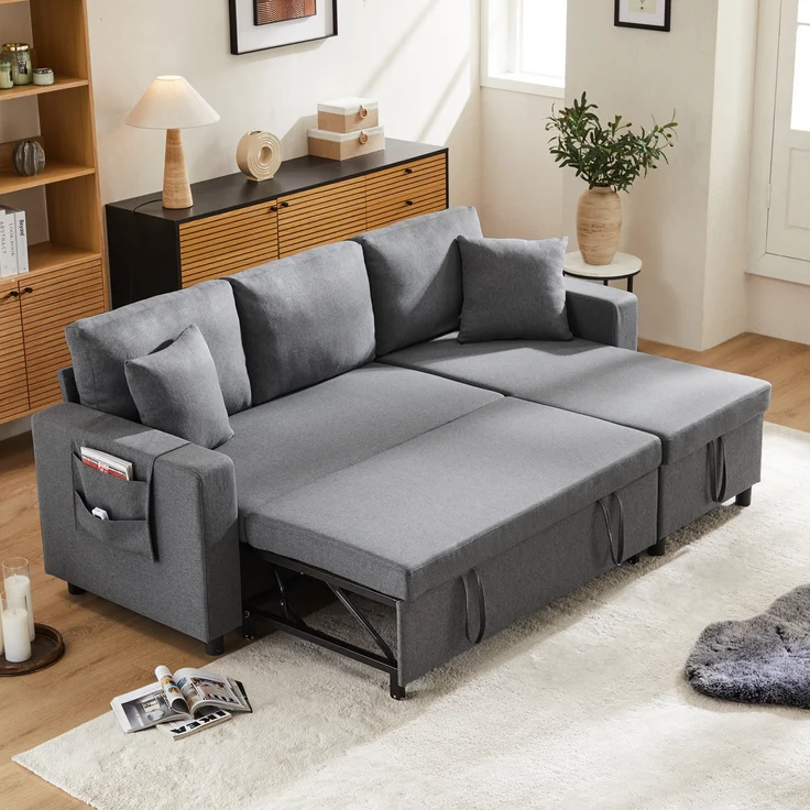 Multifunktions Sofa mit verstellbarer Chaiselongue & Staufach, Leinen, 219,5x142,5x83 cm, Dunkelgrau – Bild 3