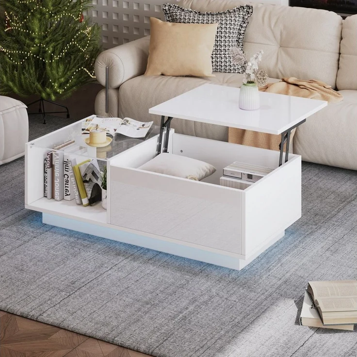 Merax Couchtisch höhenverstellbar Sofatisch mit Hebefunktion und Stauraum (1-St, 100x50x (33-46.5) cm), Beistelltisch Wohnzimmertisch mit Hochglanz-Oberfläche und LED – Bild 2