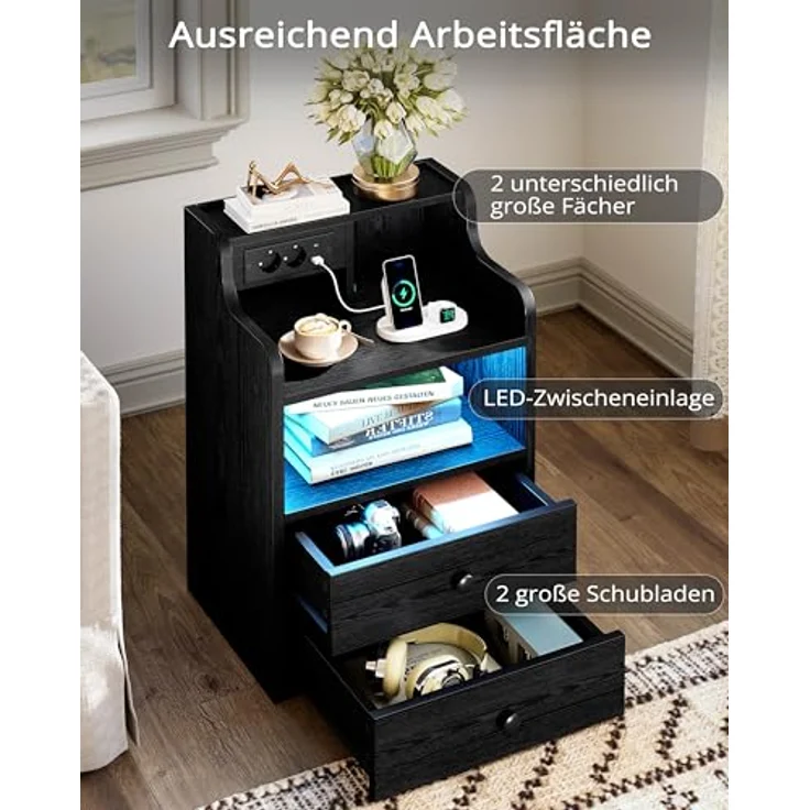IRONCK LED Nachttisch mit Steckdose, Beistelltisch Holz mit Ladefunktion, Nachtschrank mit 2 AC, 1 USB& 1 Type-C Anschlüsse, Sofatisch mit 2 Schubladen für Wohnzimmer,Schlafzimmer, 45 x 30 x 70 cm Schwarz – Bild 6