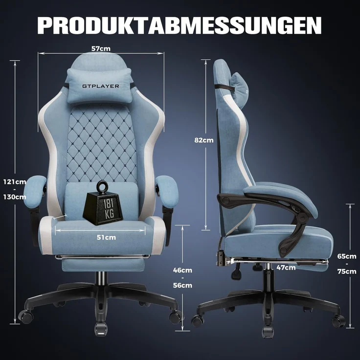 GTPLAYER Gaming Stuhl Ergonomischer, PC Stuhl Atmungsaktiver Stoff, Groß und Hoch Drehbarer Schreibtischstuhl mit Fußstütze,Verstellbare Lendenwirbelstütze und Kopfstütze,Hellblau – Bild 3