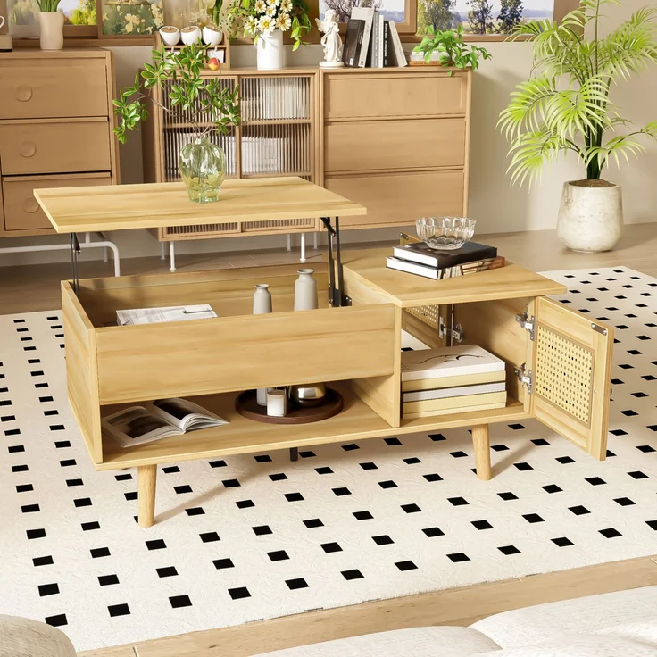 Merax Couchtisch mit anhebbarer Tischplatte und Rattan-Türen, Holzfarbe mit schwarzen Akzenten, Holzfarbe – Bild 2