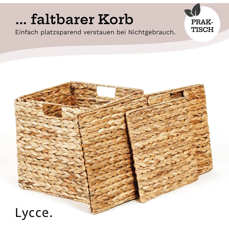 Lycce Aufbewahrungskorb - Korb geflochten aus Wasserhyazinthe, passend für Kallax Regal, faltbar, Naturprodukt, 33x33x33 cm Natur 3 OS - 4er Set – Bild 6