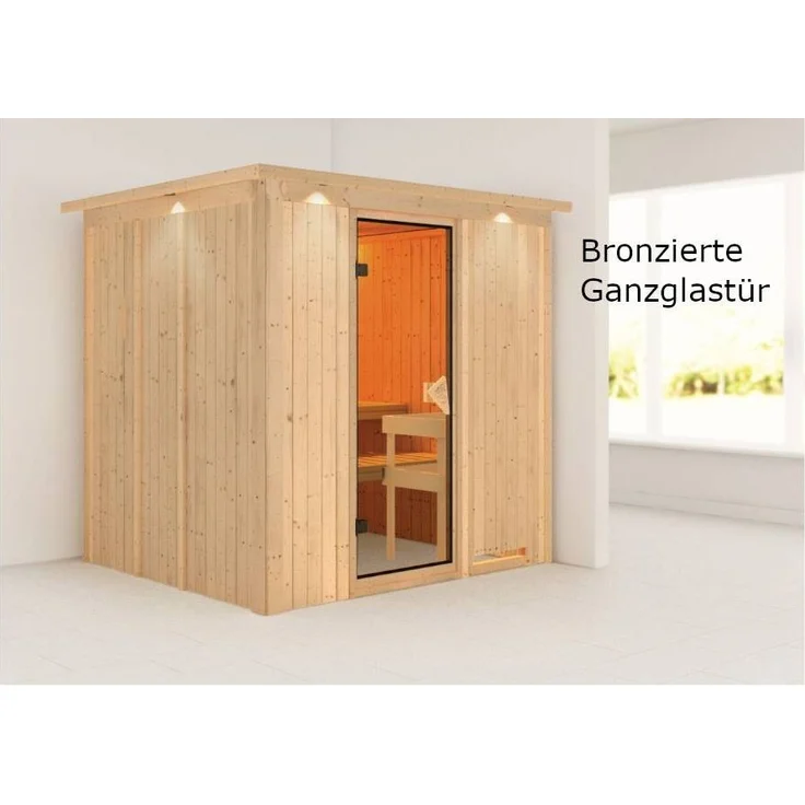 Karibu Sauna Sodin mit Dachkranz + 9kW Saunaofen mit ext. Steuerung Easy Klarglas Ganzglastür – Bild 5