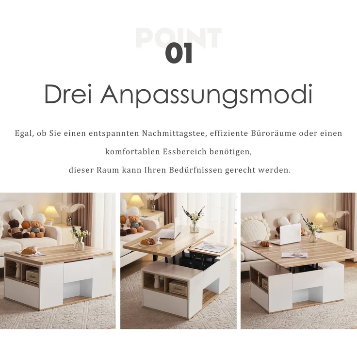 Höhenverstellbarer Couchtisch, Weiß & Holz, 100x51x47 cm, mit 2 Schubladen – Bild 9