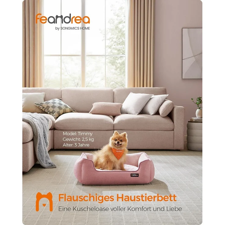 Feandrea Hundebett, in Leinenoptik, erhöhte Ränder, rutschfeste Unterseite, Bezug abnehmbar waschbar, M, für kleine Hunde, pastellrosa, 70 x 55 x 21 cm – Bild 3