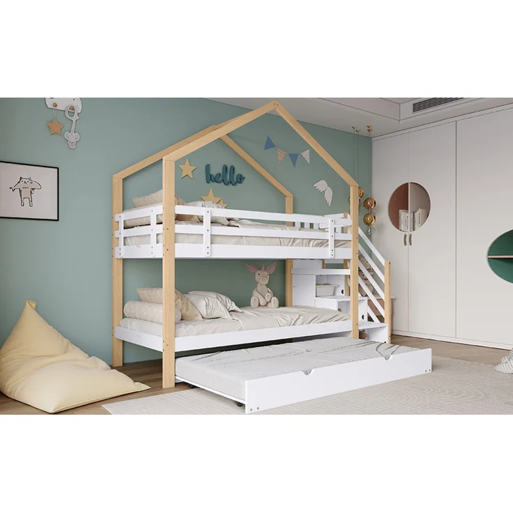 Merax Etagenbett, Ausziehbares Baumhausbett, Schiebebett, Treppe mit 4 Schubladen, Kinderbett mit Absturzsicherung und Kinderbettgitter, mit Lattenroste, Natur+Weiß (90x200cm&90x190cm) – Bild 7