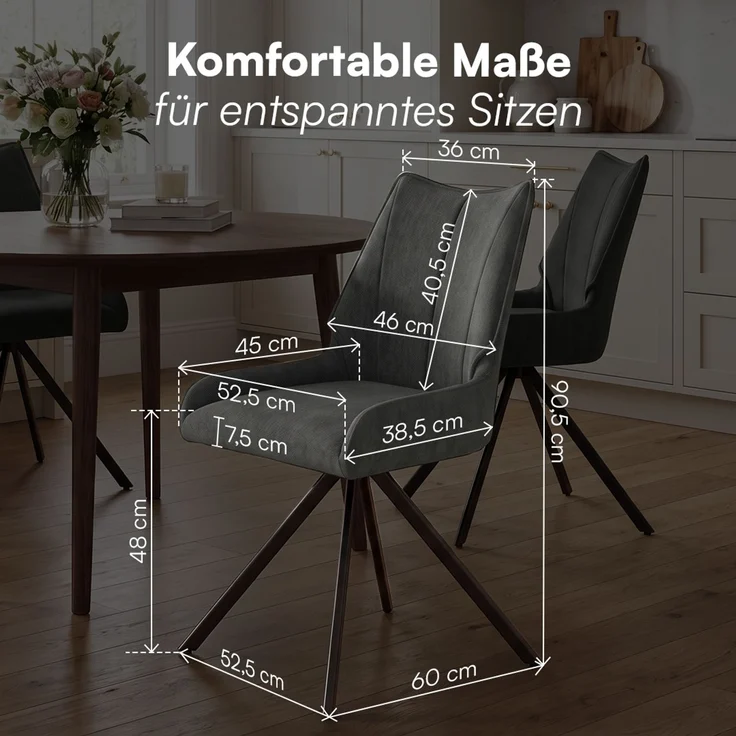 skølm 'Freyja' Esszimmerstühle, 4er Set, anthrazit, gepolsterter Leinenbezug, höhenverstellbar & drehbar, Polsterstühle mit Armlehnen – Bild 8