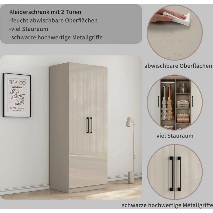 OTTO home Kleiderschrank Sylt Schlafzimmerschrank Garderobe Schrank Bestseller hochglanz (hochwertige Metall Griffe in schwarz) Drehtürenschrank mit perfekter Innenausstattung, Breite 80cm – Bild 2