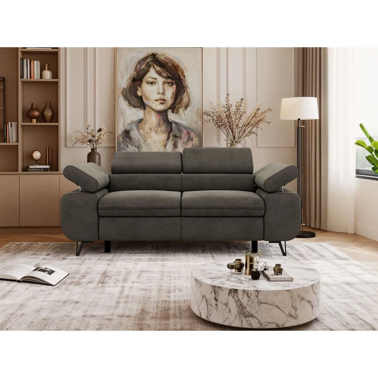 2-Sitzer Polstercouch PETER mit verstellbaren Armlehnen und Kopfstütze, Gepolsterte Couch, Wellenfeder - Dunkelgrau Velvet – Bild 4