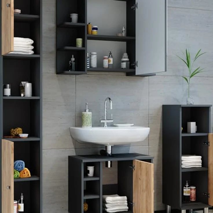 Vichy Badmöbel-Set Fynn, modernes Badmöbelset mit 4 Teilen, Anthrazit/Goldkraft Eiche, großzügiger Stauraum für Badutensilien – Bild 5
