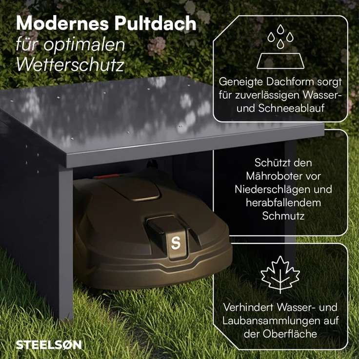 STEELSØN 'Drakon' Mähroboter Garage, Metall, anthrazit, wetterfest, 53/42x77x90 cm, Mähroboterhaus mit aufklappbarem Pultdach – Bild 3