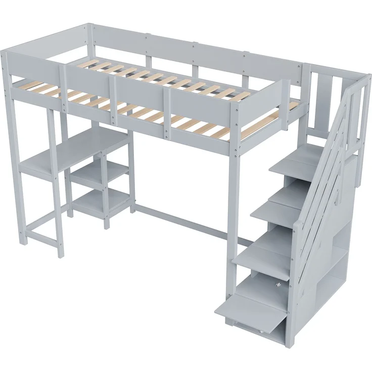 Hochbett 90x200 cm Kinderbett aus massivem Kiefernholz mit Stauraum,Treppe & Ablageregal,platzsparend,sicher,Grau – Bild 9