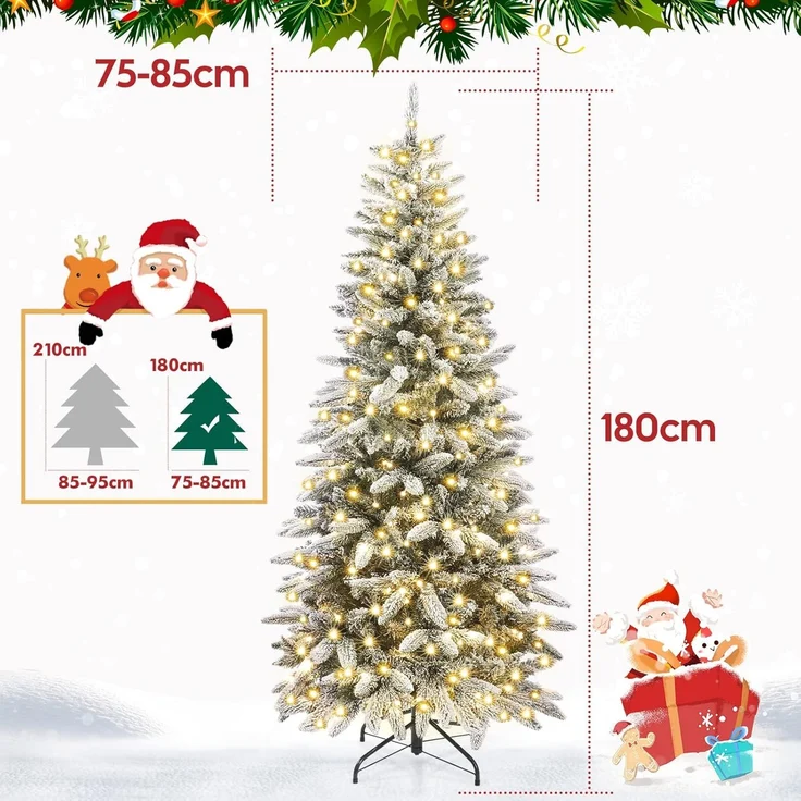 Yorbay Künstlicher Weihnachtsbaum Künstlicher Slim Tannenbaum aus PE und PVC, mit LED Beleuchtung, 180 / 210 cm auswählbar, mit Ständer, Schneeflocken, Schlankes Design, Weihnachtsbaum Christbaum für Weihnachten-Dekoration – Bild 2