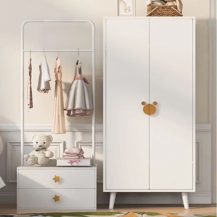 Kleiderschrank 140 x 55 x 170 cm mit Doppeltüren, Kleiderstange und Schubladen, Weiß und Holzfarbe – Bild 3