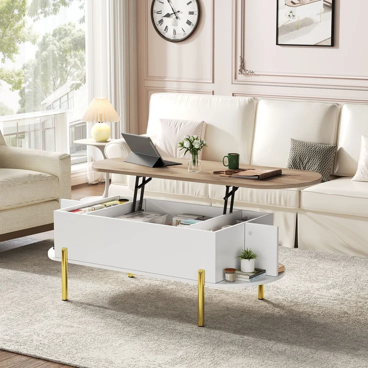 Lift-Couchtisch 120 x 50 x 43 cm, anhebbarer Wohnzimmertisch mit verstecktem Stauraum, 3 Ablagefächer, halboffene Regale – Bild 5