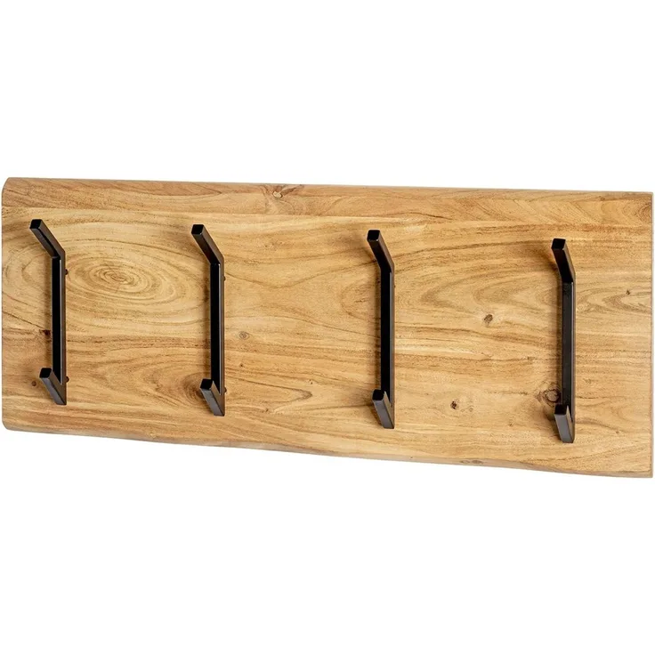 Haku Wandgarderobe aus Akazie Massivholz mit Baumkante und 6 Garderobenhaken schwarz pulverbeschichtet, Urban Collective, 90x12x36 cm