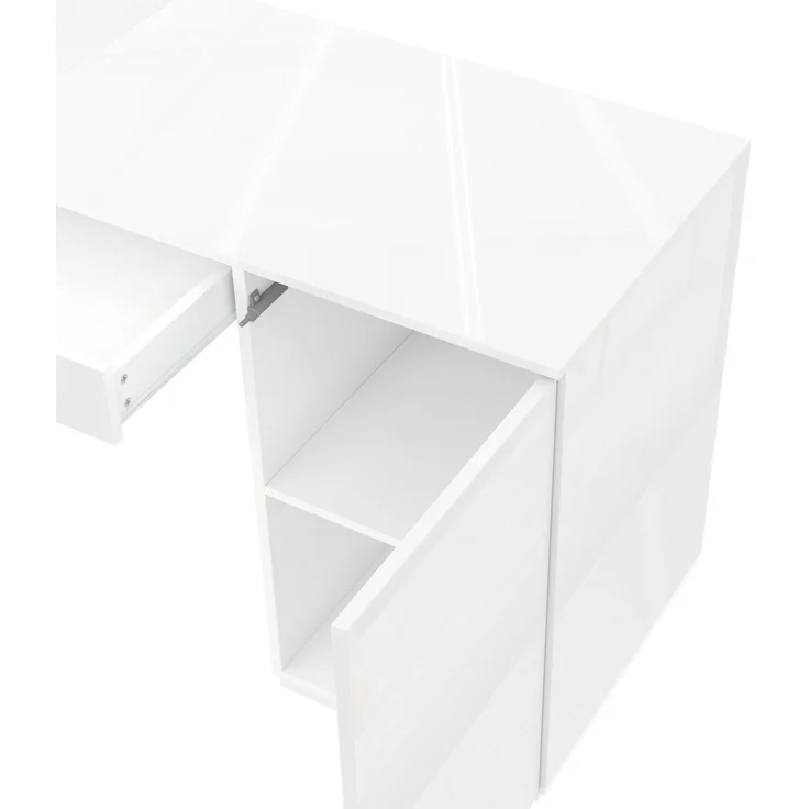 ZUBALIYA 140x50cm großer Schreibtisch in Hochglanz, mit LED-Beleuchtung, 1 Schublade und 2 Türen, moderner Computertisch mit extra großer Arbeitsfläche, Schminktisch mit Stauraum, in Weiß-Hochglanz – Bild 13