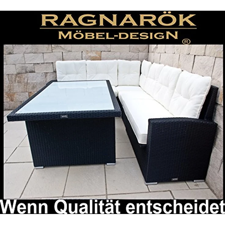 Ragnarök Möbel-Design Garten-Essgruppe Dining Lounge Wieland L, (Ecksofa + Tisch + Hocker, Polyrattan, inkl. aller Polster), Sitzpolster ca. 16 cm dick, 2 Härtegrade – Bild 6