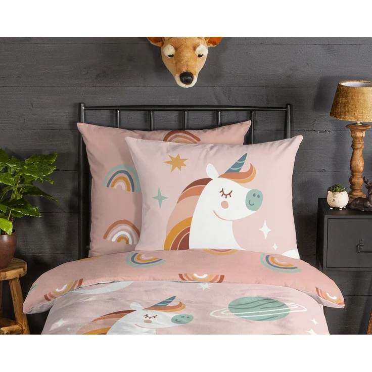 soma Bettwäsche Kinderbettwäsche Biber 135X200 Unidance Pink Einhorn rosa pastell, Biber, 2 teilig, 135x200 Warm Weich Wende Reißverschluss Kind Einhorn Rosa Unicorn – Bild 2
