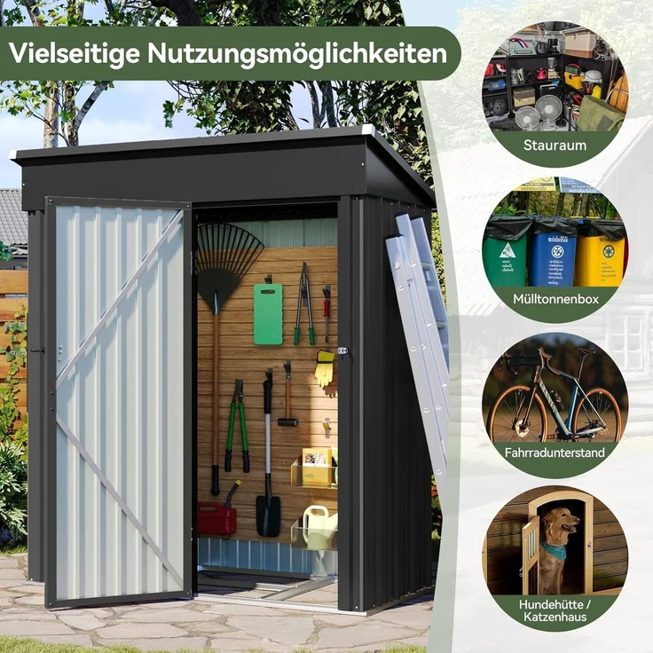 Aoxun Gerätehaus aus Metall, Maße 150x91x185cm, inklusive Bodenrahmen, Pultdach mit Belüftungslöchern, Tür mit Schloss, für Garten und Hof, Schwarz – Bild 5
