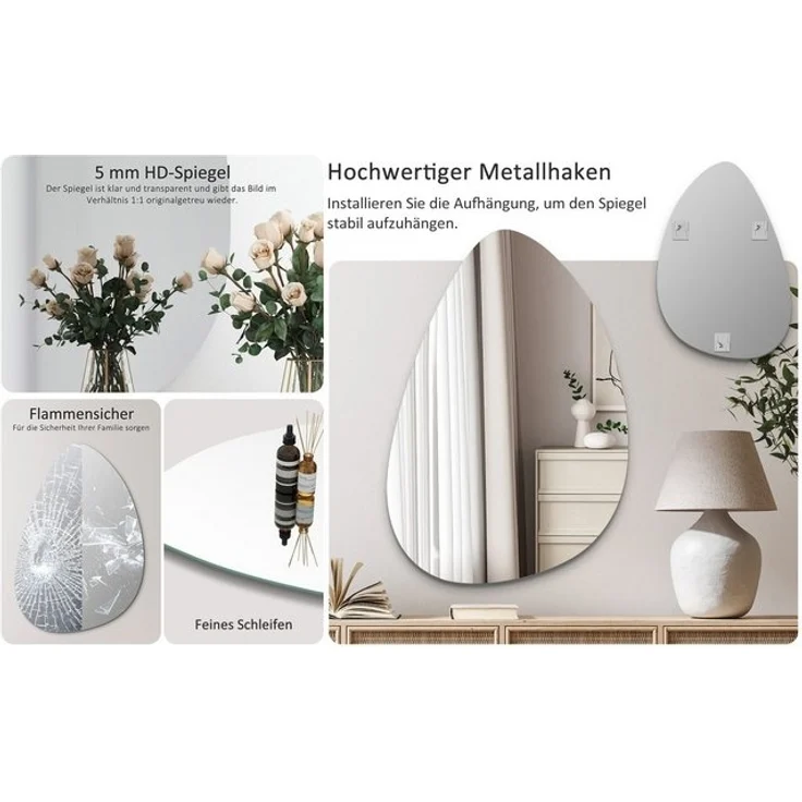 Hopibath Dekospiegel Wandspiegel Flur Asymmetrisch Spiegel Schminkspiegel Rahmenlos Modern (Badspiegel Flurspiegel Türspiegel, 1-St, Wassertropfen 65x90cm, 45x70cm), mit Metall Haken – Bild 4