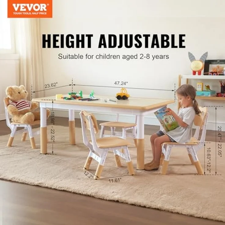 VEVOR Kindersitzgruppe Kindertisch, 4 Kinderstühle 1 Tisch Kindersitzgruppe aus PP, Kindertisch-Set Einstellbar 48,2-57,2 cm / 27-31 cm für Kinder, Mädchen, Spielzimmer Stabiles Kindermöbelset – Bild 2