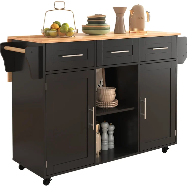 Küchenwagen mit klappbarer Arbeitsplatte & Stauraum, 139x46(71)x91,5 cm, Schwarz/Natur – Bild 8