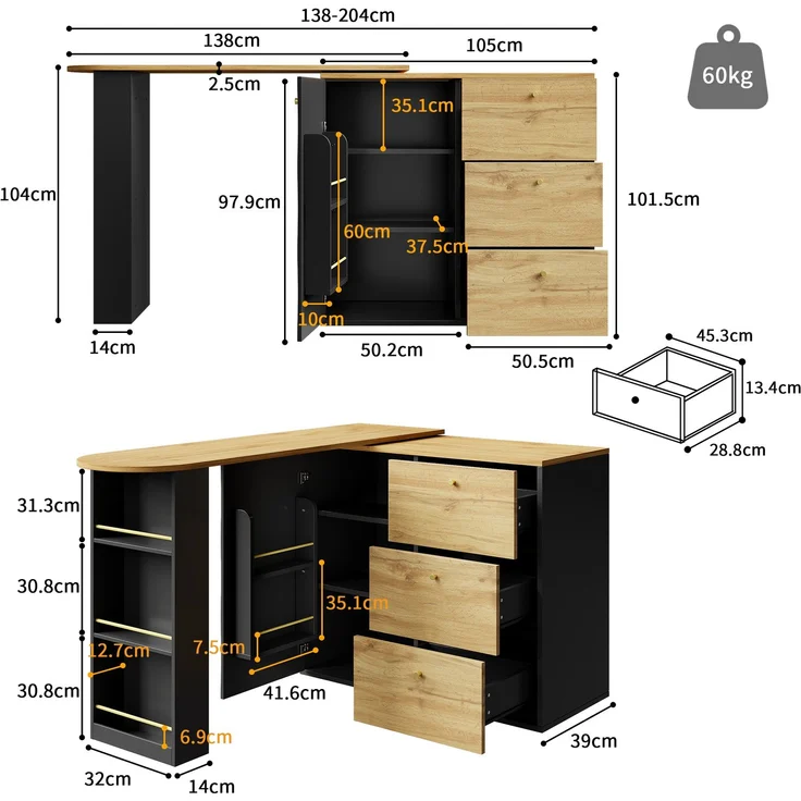 Ausziehbarer Bartisch 138–204×39×104 cm, 360° Dreh- und Ausziehfunktion, Wellendekor-Türen, 3 Schubladen, 3-stufiges Seitenregal, 104cmx138-204cmx39cm, Schwarz – Bild 7