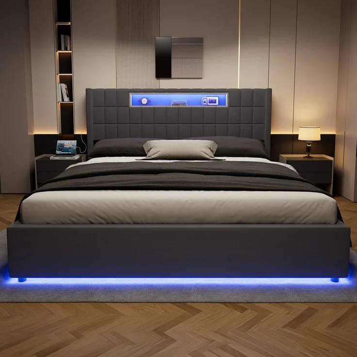 Polsterbett 180x200 cm mit LED-Beleuchtung, USB-Anschlüssen und Bettkasten – Ohne Matratze – Bild 8
