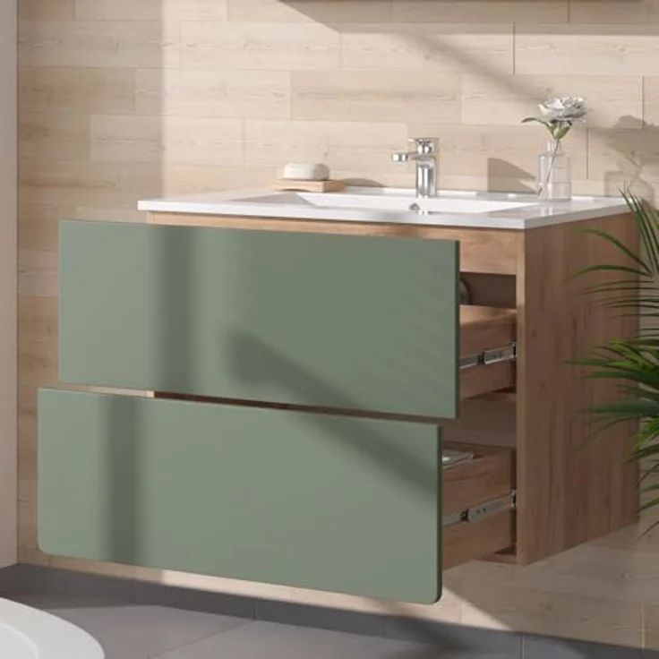 Vichy Badmöbelset Izan, 2-teiliges Badmöbel-Set in Goldkraft Eiche/Grün mit Waschbeckenunterschrank und Spiegelschrank mit Beleuchtung – Bild 4