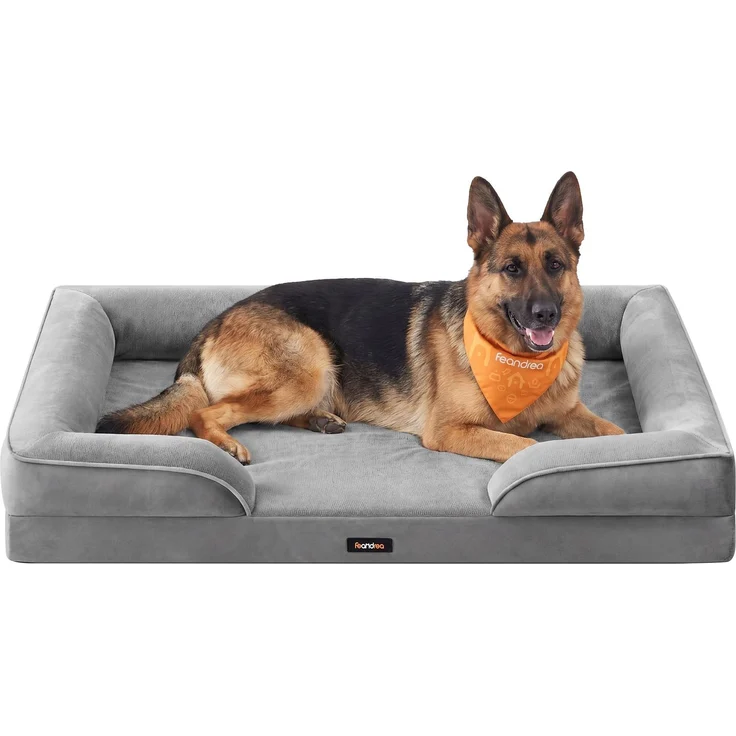 Feandrea Orthopädisches Hundebett, Hundekissen XXXL, erhöhter Rand, Noppenschaumstoff, Bezug abnehmbar, waschbar, rutschfest, Innenfutter wasserabweisend, Taubengrau, 122 x 85 x 17 cm PGW325GD01
