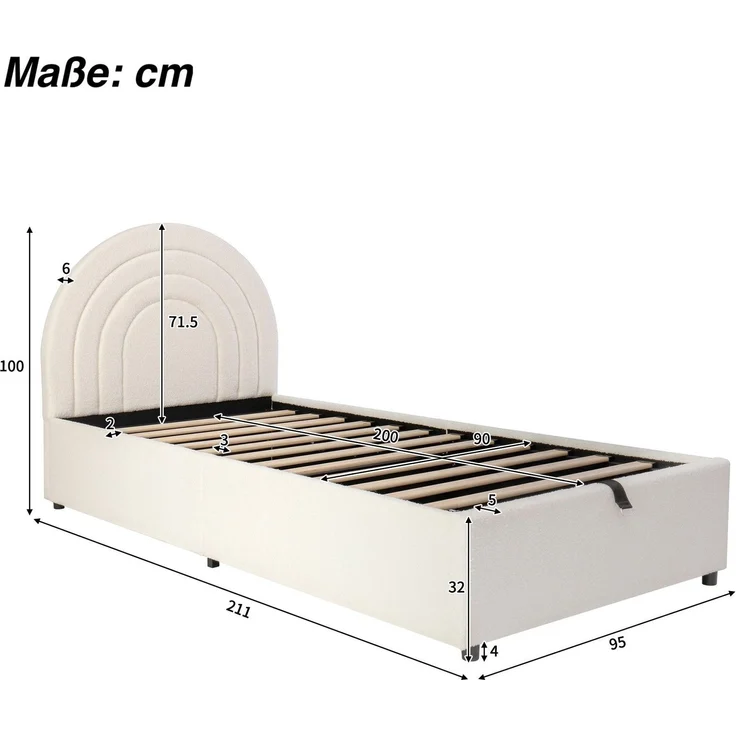 Kinderbett mit Stauraum und Kopfteil, 90x200 cm, Polsterbett mit Lattenrost, Einzelbett, Boucle – Bild 7
