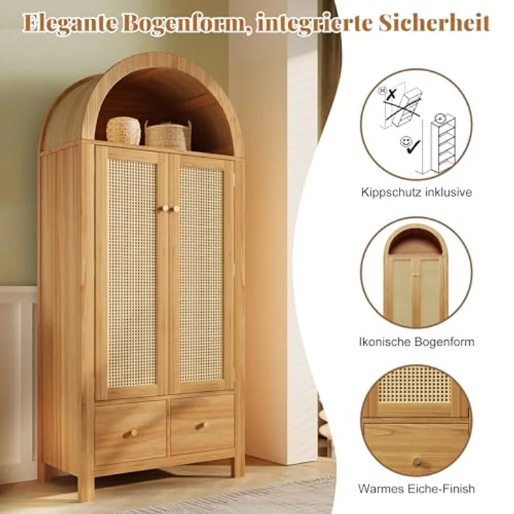 Arcus Gewölbter Kleiderschrank mit Rattan-Türen, 3 Staubereichen, 2 Schubladen für Schlafzimmer & Eingangsbereich (Naturfarbe) – Bild 11