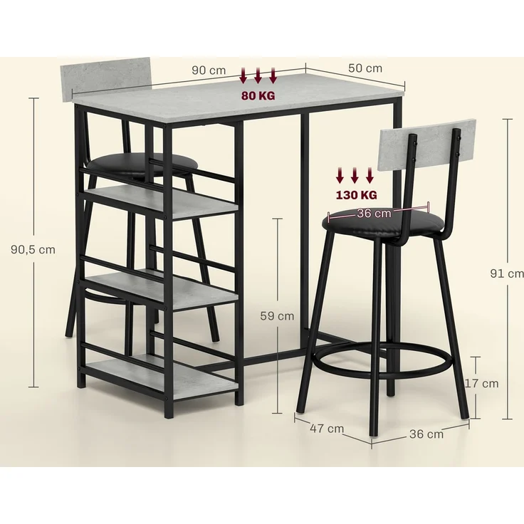 HOMCOM Bartisch Set, Stahl, MDF, Hellgrau, 90L x 50B x 90,5H cm – Bild 3