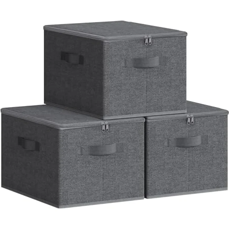 SONGMICS Aufbewahrungsbox mit Deckel, 3er Set, faltbare Stoffbox mit Griffen, Aufbewahrung für Kleidung, 40 x 30 x 25 cm, Vliesstoff, schiefergrau – Bild 2