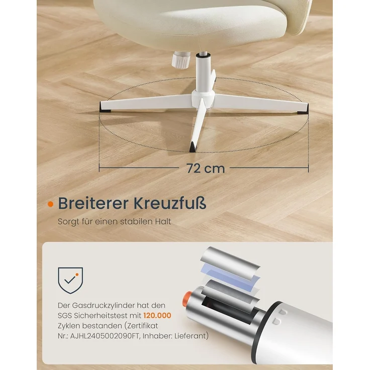 SONGMICS HOME Schneidersitz Stuhl, Schminkstuhl, Drehstuhl ohne Armlehnen, Schreibtischstuhl, breite Sitzfläche, modern, mit Kreuzfuß, höhenverstellbar, Wippfunktion, cremeweiß OBG046W01 – Bild 6