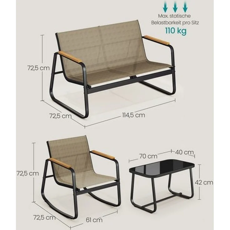 SONGMICS Gartenmöbel-Set, Balkonmöbel, 2 Schaukelstühle mit Tisch, Bank, Stahl, mit Armlehnen, atmungsaktiv, braun – Bild 5