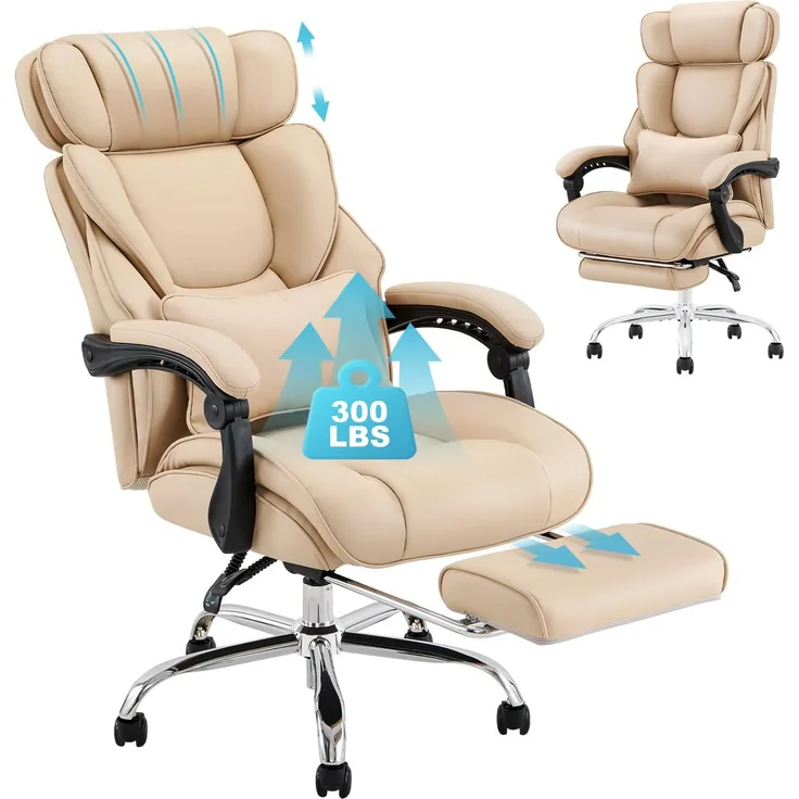 COLAMY Chefsessel Bürostuhl Ergonomisch – Bürostuhl mit Fußstütze, PU Leder Schreibtischstuhl mit abnehmbarem Lendenkissen, Khaki