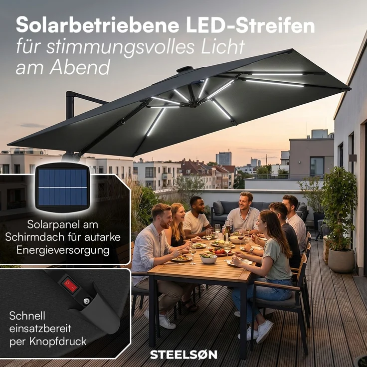 STEELSØN 'Lyrion' Sonnenschirm LED Solar 300x300 cm quadratisch, neigbar und 360-Grad drehbar, anthrazit, Ampelschirm inkl. Abdeckung, UV50+ – Bild 4