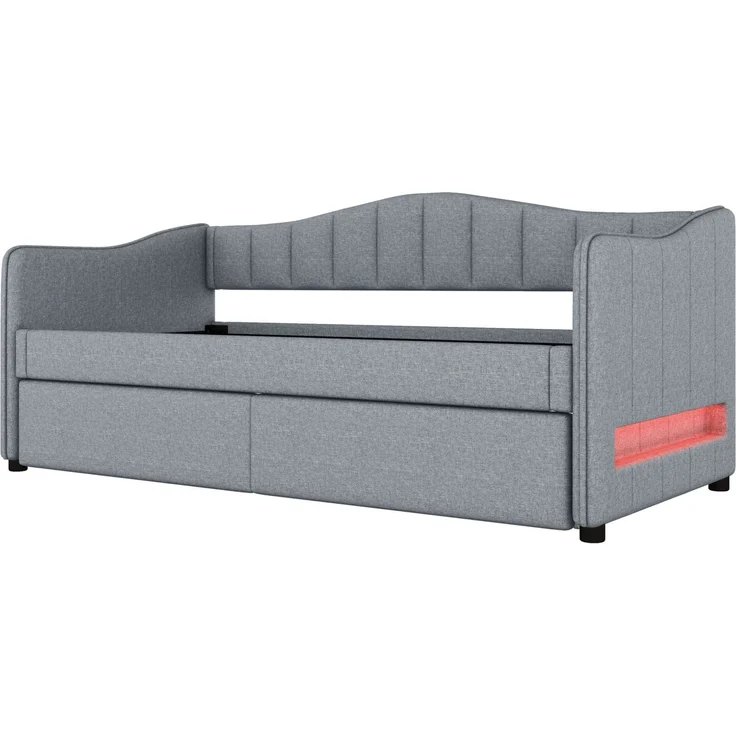 Daybett 90x200 cm mit ausziehbarem Rollbett, LED-Beleuchtung und Leinenbezug in Grau – Bild 5