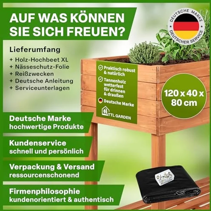 TTL GARDEN Balkon Hochbeet XL 120 x 40 x 80 cm aus Holz - Pflanzkasten & Blumenkasten mit Ablageboden & Folie - Tannenholz wetterfest - Pflanzbeet Kräuterbeet Blumenbeet für Garten Balkon Terrasse Braun – Bild 7