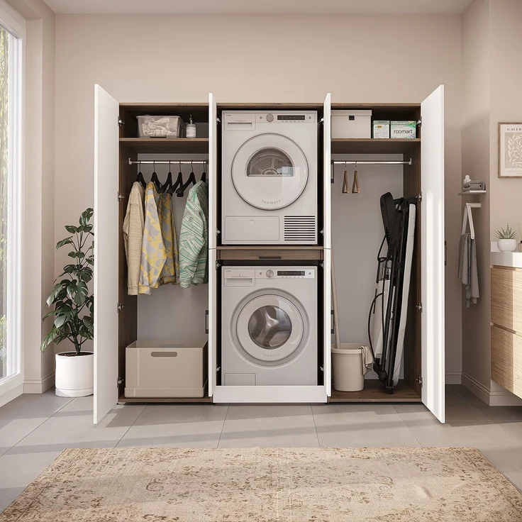 Roomart Waschmaschinenschrank - DORA-I- 190 cm breit - Wasch- & Trocknerschrank mit 2 Hochschränken, Türen & Ausziehbrett, Waschmaschinen-Überbau für Waschküche & Hauswirtschaftsraum • Weiß-Eiche – Bild 5