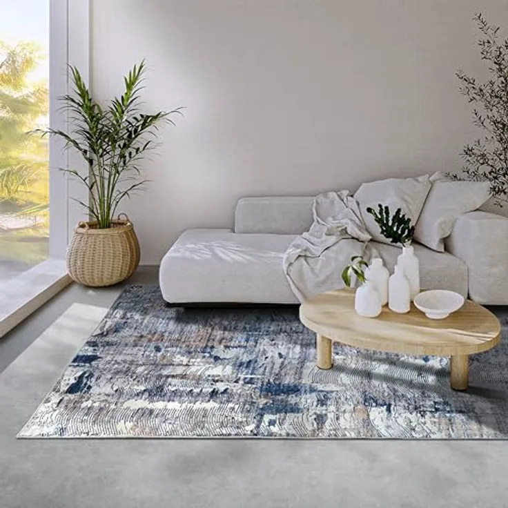 XXXL Flachwebeteppich Imagination, Dunkelblau-Beige, abstraktes Design, rechteckig 120x160 cm, Oeko-Tex® Standard 100, stuhlrollengeeignet, pflegeleicht, für Fußbodenheizung geeignet