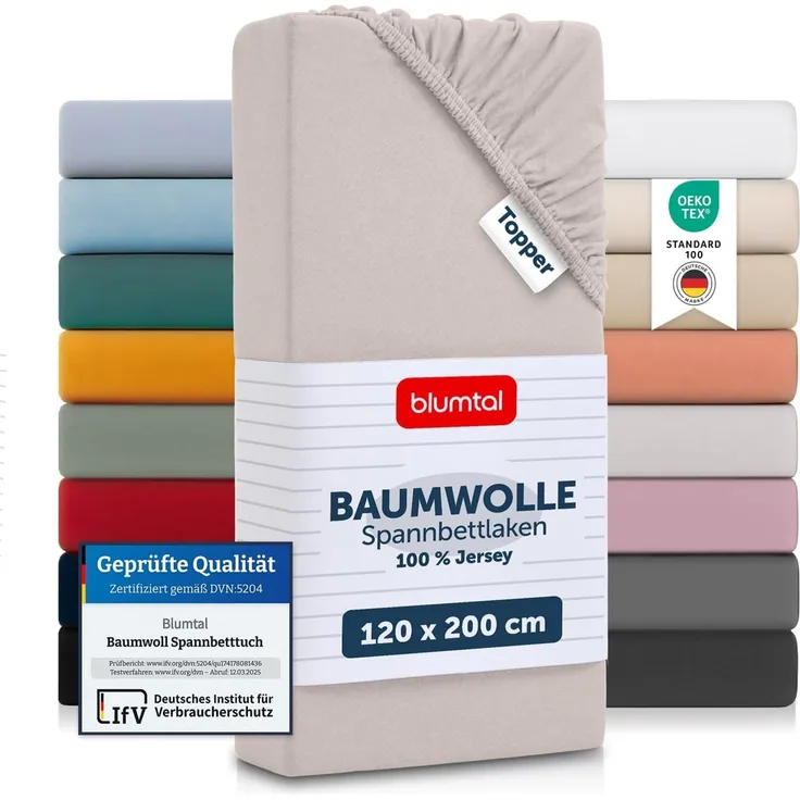 Blumtal® Baumwolle Spannbettlaken für Topper 120x200 cm Basics Jersey - Bettlaken 120x200 cm - Oeko-TEX zertifiziertes Spannbetttuch 120x200 cm - Topper Spannbettlaken 120x200 cm - Elfenbein