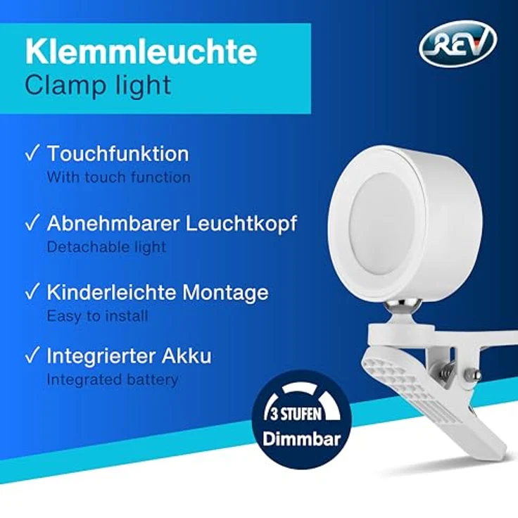 REV Wandleuchte Akku - 150lm, dimmbar, 360° drehbar | Wandleuchte innen ohne Stromanschluss - ideal für Flur, Schlaf- & Wohnzimmer, weiß – Bild 2