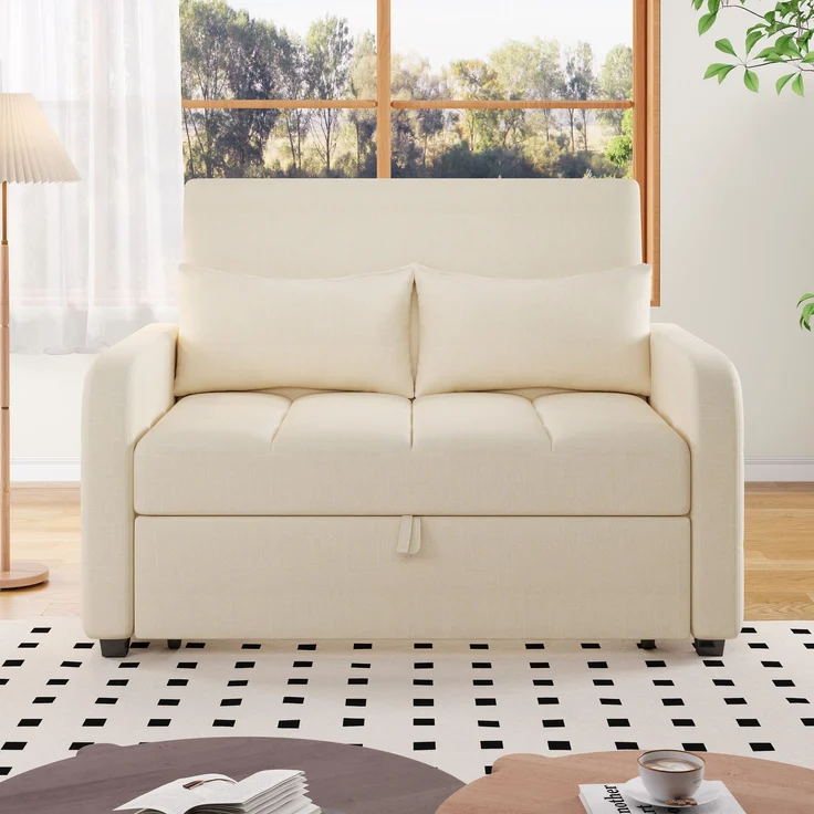 Klappsofa Schlafsofa ausziehbar Baumwoll-Leinen verstellbare Rückenlehne Gästebett Multifunktion Sofa-Bett,Beige – Bild 3