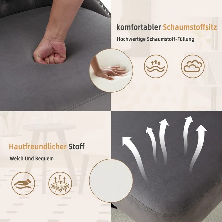 LVHOM Polsterstuhl aus Samt, Esszimmerstühle mit Knopfheftung, ohne Armlehnen, Massivholz Beine, Für Wohnzimmer, Büro & Schlafzimmer, Grau – Bild 4