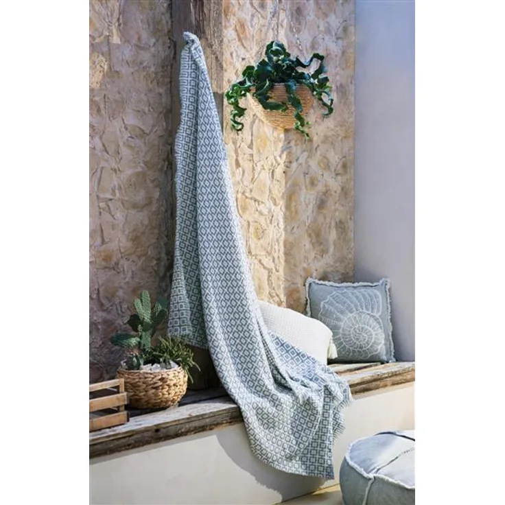 Webdecke "Ikarus" mit Fransensaum, extra weich, creme / blau / grau, Kuscheldecke, Sofadecke